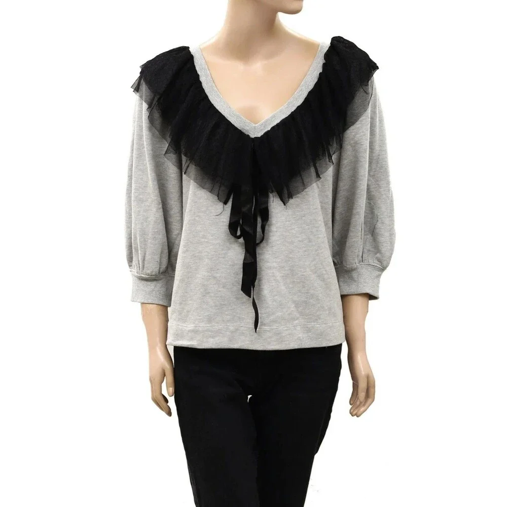 Anthropologie Maeve V-Neck Bow Sweater Pullover Top Tulle Mesh Ruffle XL 289709